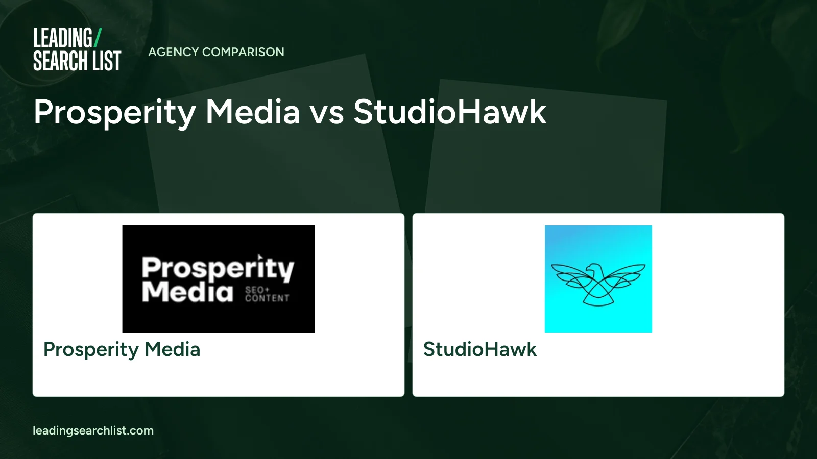 Prosperity Media vs StudioHawk. Logos shown: Prosperity Media, StudioHawk. Leading Search List.