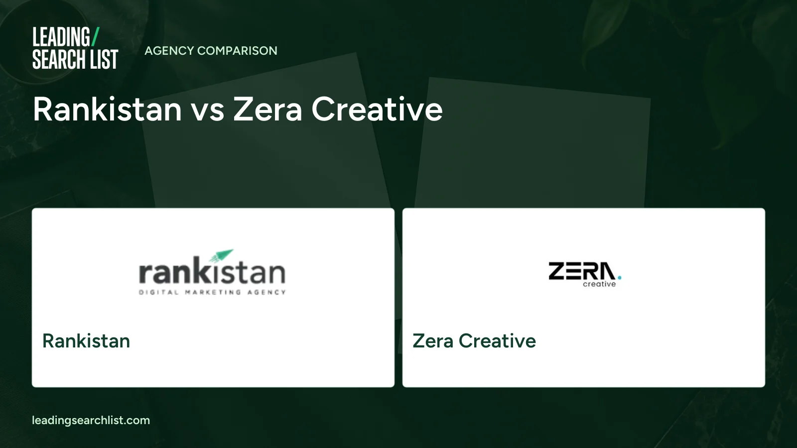Rankistan vs Zera Creative. Logos shown: Rankistan, Zera Creative. Leading Search List.