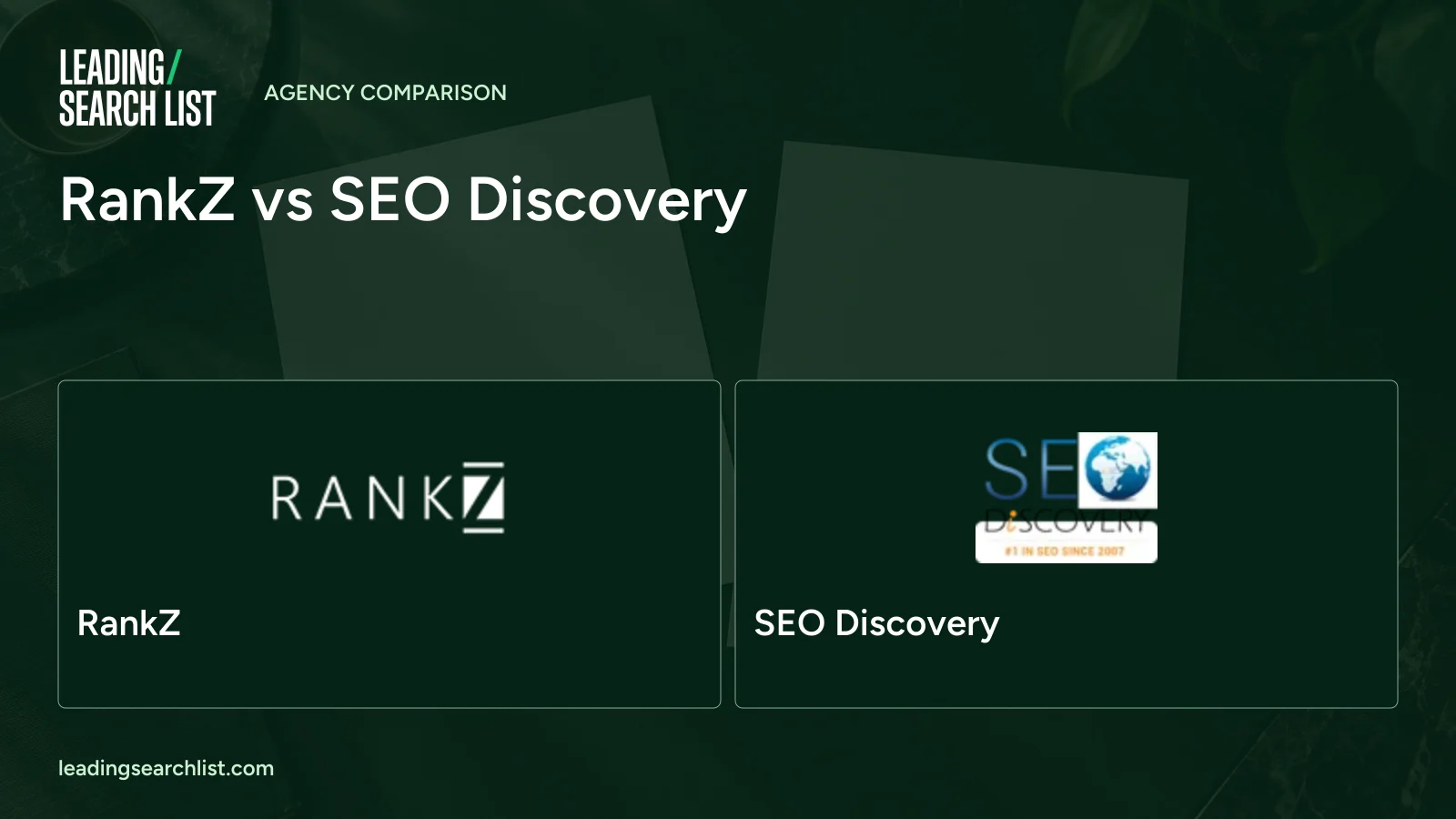 RankZ vs SEO Discovery. Logos shown: RankZ, SEO Discovery. Leading Search List.
