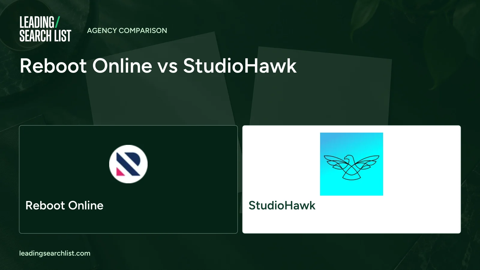 Reboot Online vs StudioHawk. Logos shown: Reboot Online, StudioHawk. Leading Search List.
