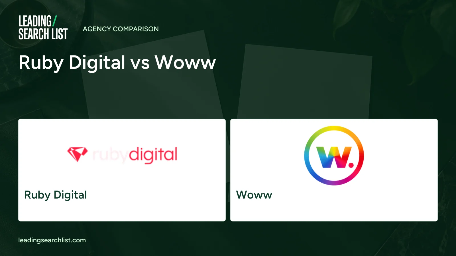 Ruby Digital vs Woww. Logos shown: Ruby Digital, Woww. Leading Search List.