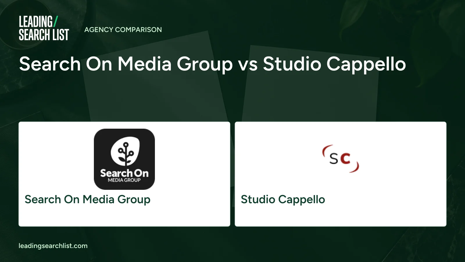 Search On Media Group vs Studio Cappello. Logos shown: Search On Media Group, Studio Cappello. Leading Search List.