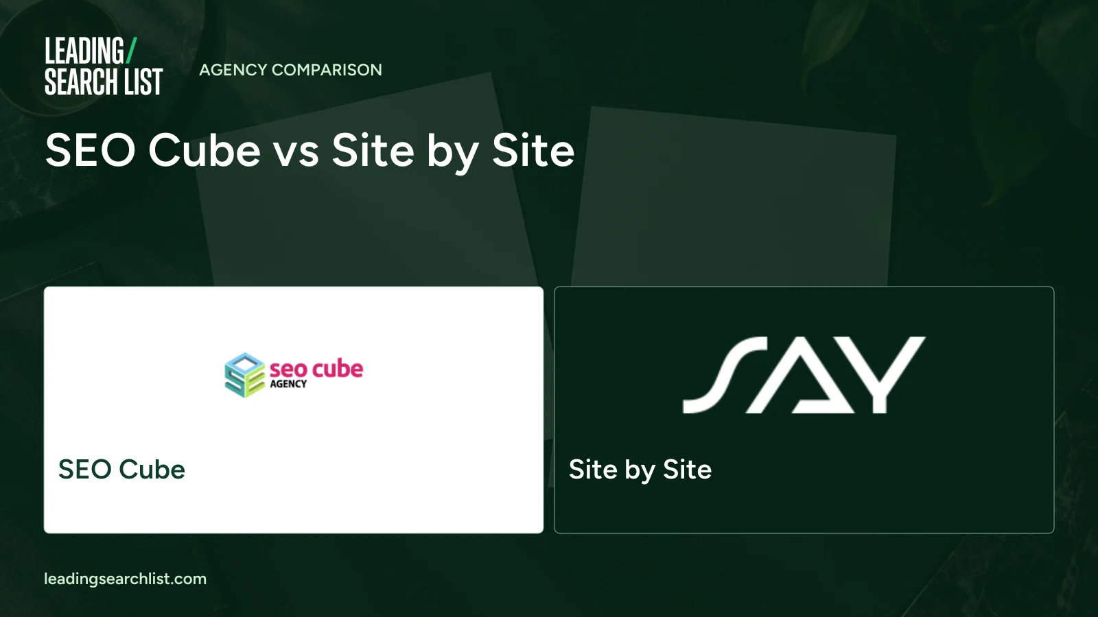 SEO Cube vs Site by Site. Logos shown: SEO Cube, Site by Site. Leading Search List.