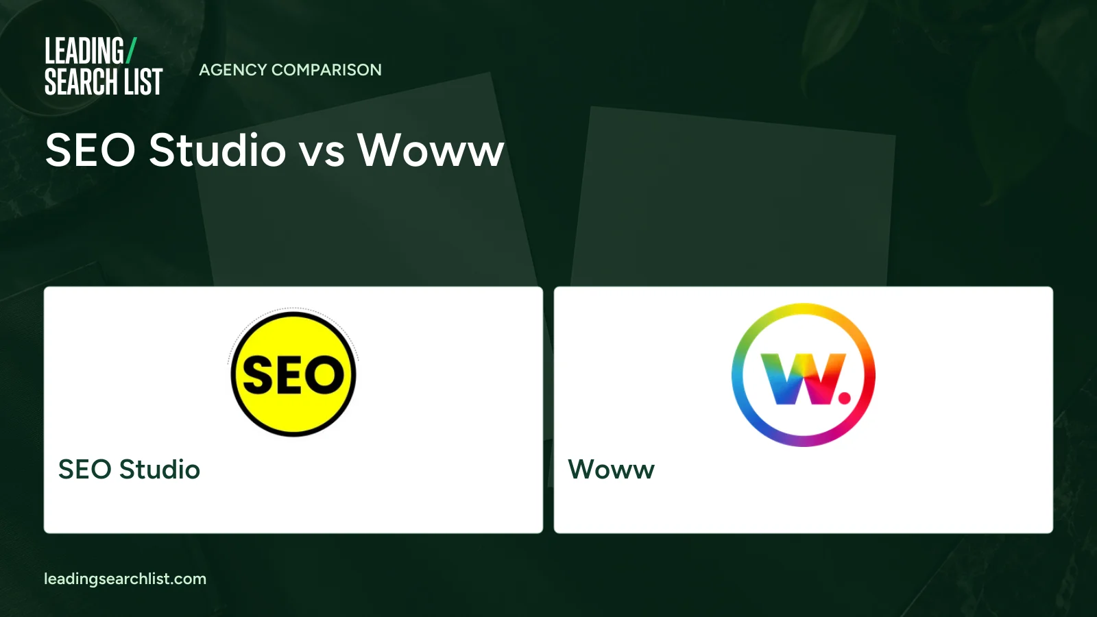 SEO Studio vs Woww. Logos shown: SEO Studio, Woww. Leading Search List.