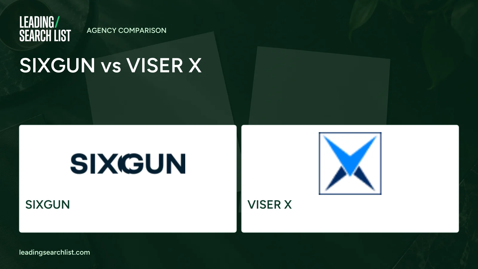 SIXGUN vs VISER X. Logos shown: SIXGUN, VISER X. Leading Search List.