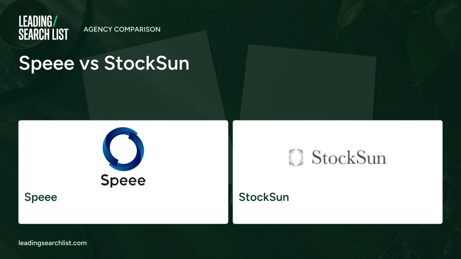 Speee vs StockSun. Logos shown: Speee, StockSun. Leading Search List.