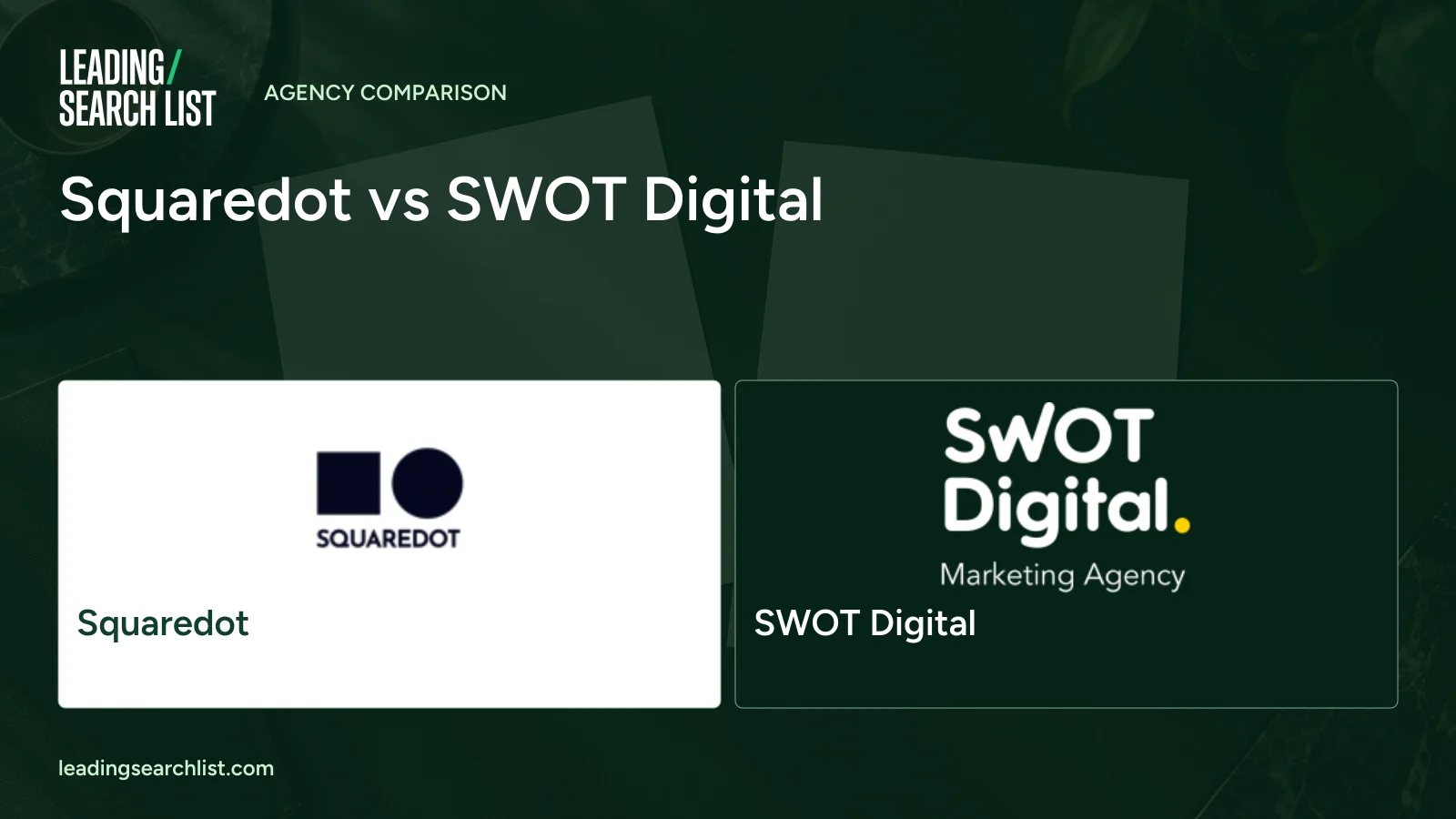 Squaredot vs SWOT Digital. Logos shown: Squaredot, SWOT Digital. Leading Search List.