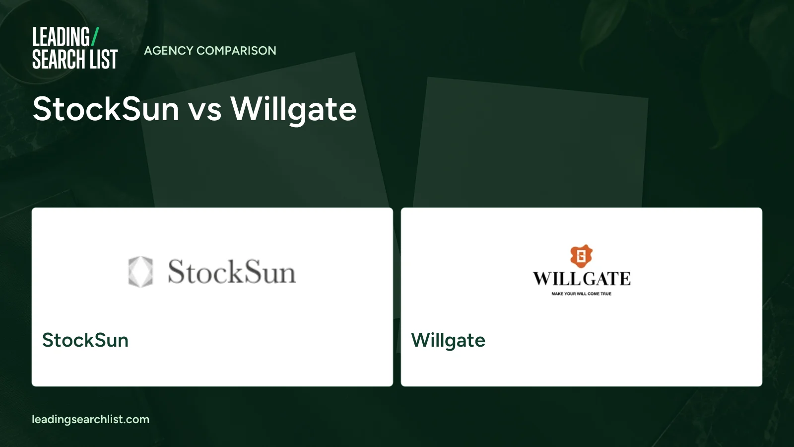StockSun vs Willgate. Logos shown: StockSun, Willgate. Leading Search List.