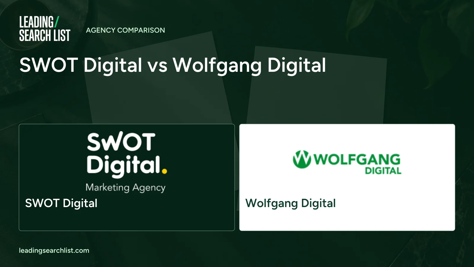 SWOT Digital vs Wolfgang Digital. Logos shown: SWOT Digital, Wolfgang Digital. Leading Search List.