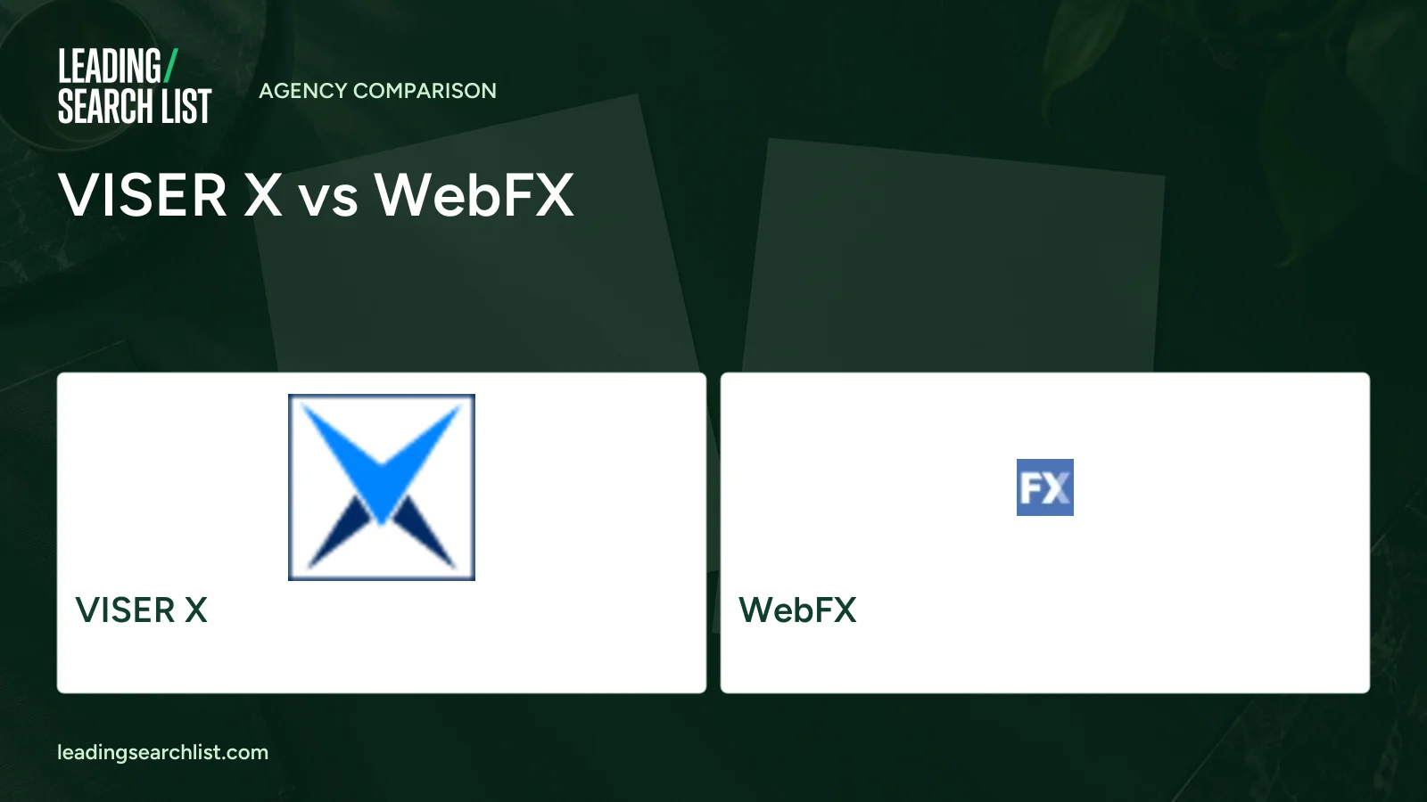 VISER X vs WebFX. Logos shown: VISER X, WebFX. Leading Search List.