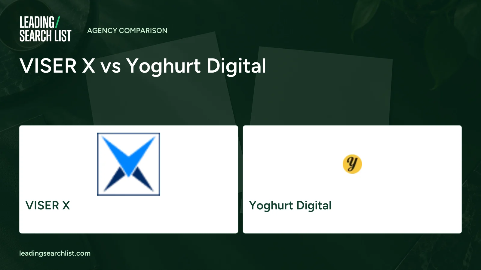 VISER X vs Yoghurt Digital. Logos shown: VISER X, Yoghurt Digital. Leading Search List.