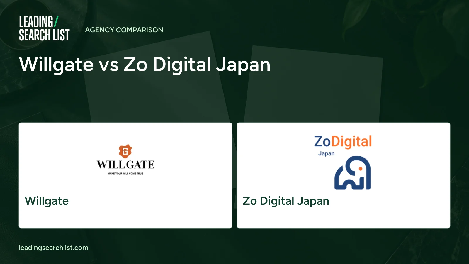 Willgate vs Zo Digital Japan. Logos shown: Willgate, Zo Digital Japan. Leading Search List.