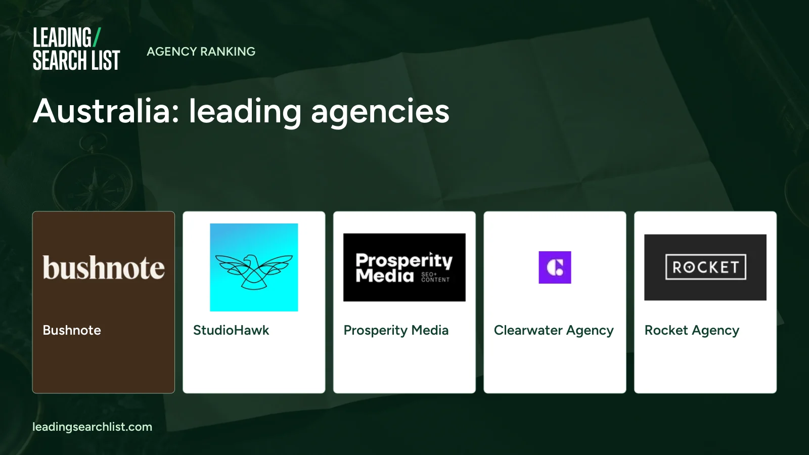Australia: leading agencies. Logos shown: Bushnote, StudioHawk, Prosperity Media, Clearwater Agency, Rocket Agency. Leading Search List.