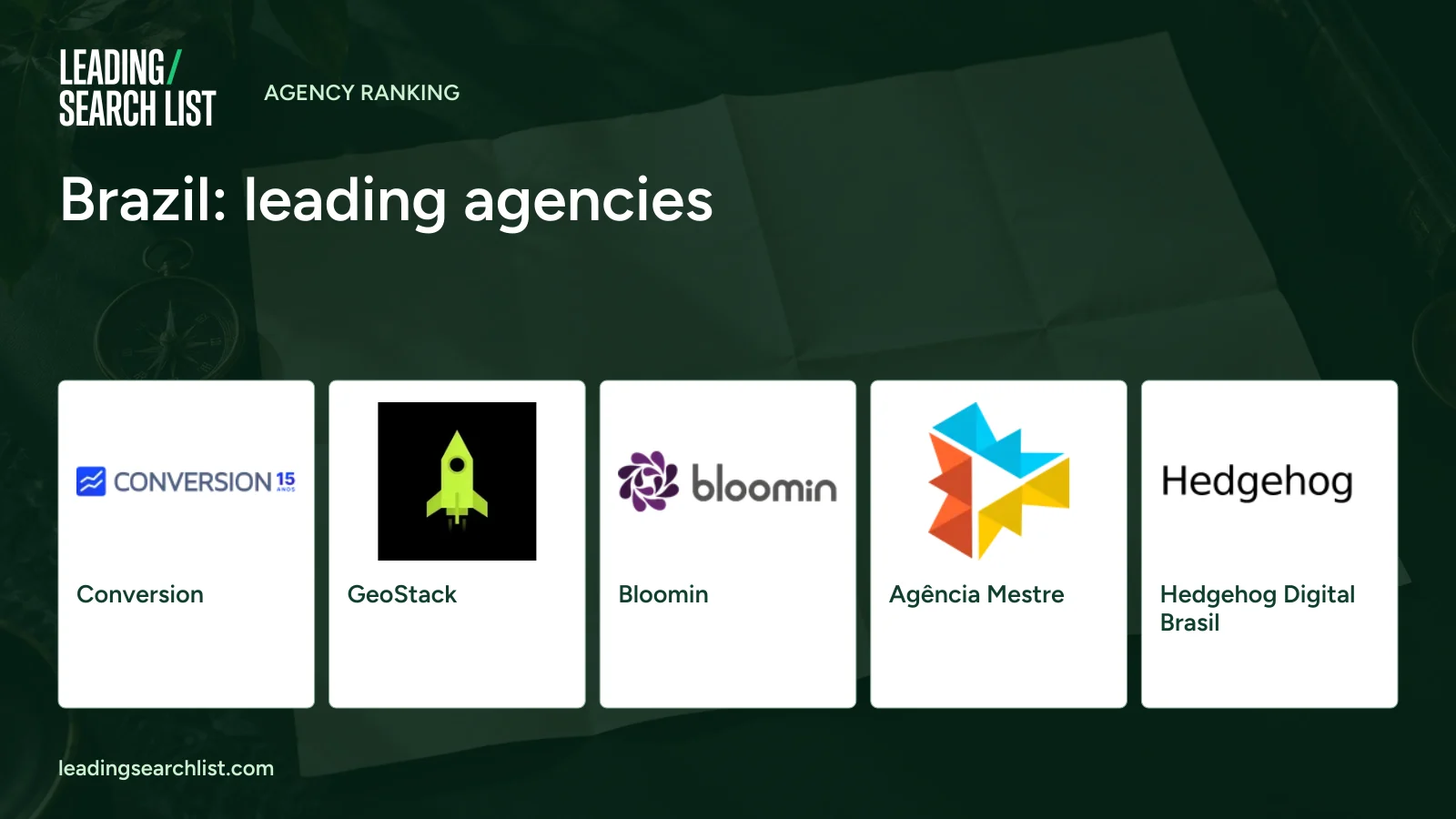 Brazil: leading agencies. Logos shown: Conversion, GeoStack, Bloomin, Agência Mestre, Hedgehog Digital Brasil. Leading Search List.