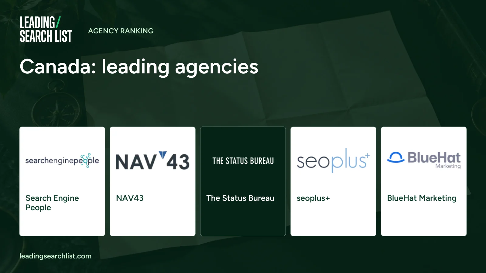 Canada: leading agencies. Logos shown: Search Engine People, NAV43, The Status Bureau, seoplus+, BlueHat Marketing. Leading Search List.