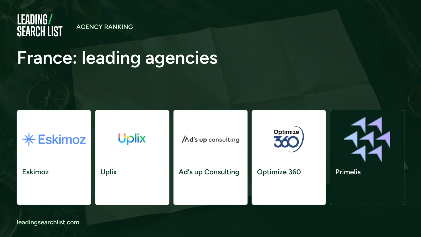 France: leading agencies. Logos shown: Eskimoz, Uplix, Ad’s up Consulting, Optimize 360, Primelis. Leading Search List.