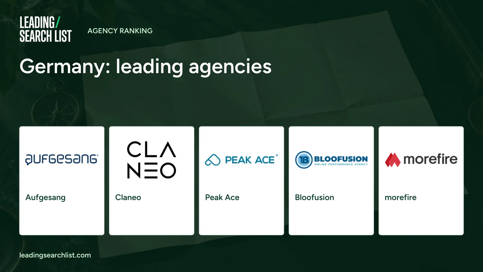 Germany: leading agencies. Logos shown: Aufgesang, Claneo, Peak Ace, Bloofusion, morefire. Leading Search List.