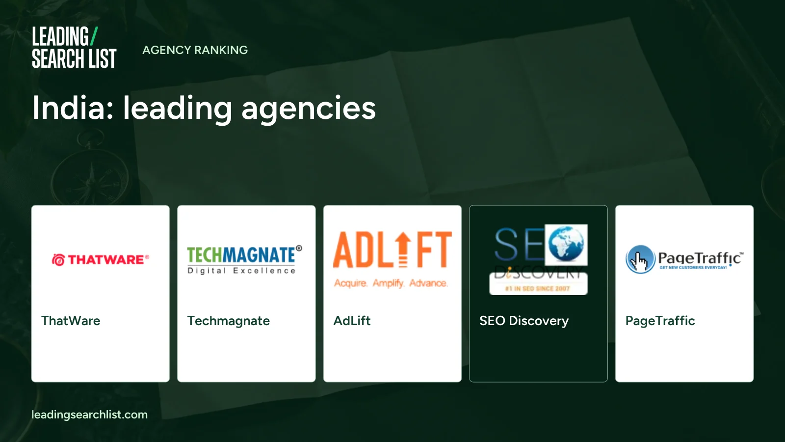 India: leading agencies. Logos shown: ThatWare, Techmagnate, AdLift, SEO Discovery, PageTraffic. Leading Search List.