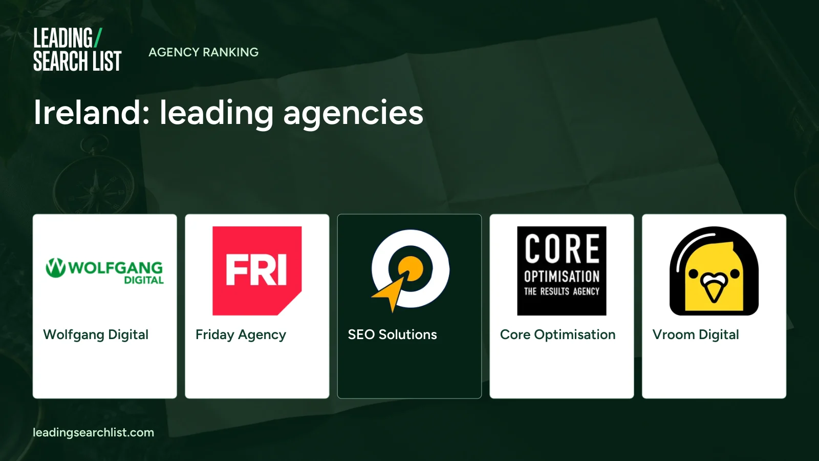 Ireland: leading agencies. Logos shown: Wolfgang Digital, Friday Agency, SEO Solutions, Core Optimisation, Vroom Digital. Leading Search List.