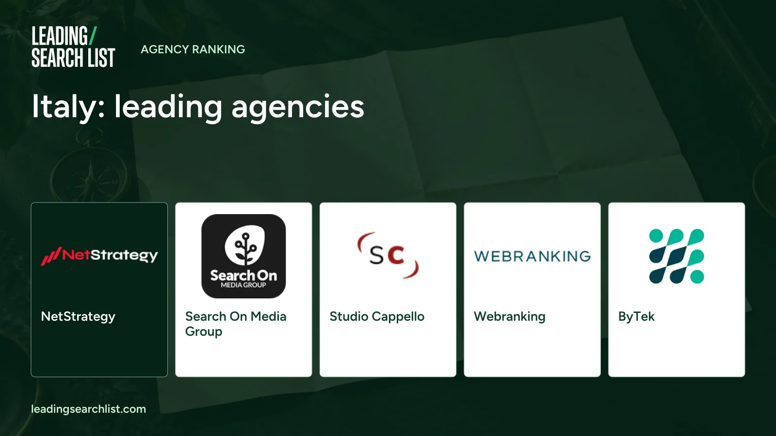 Italy: leading agencies. Logos shown: NetStrategy, Search On Media Group, Studio Cappello, Webranking, ByTek. Leading Search List.