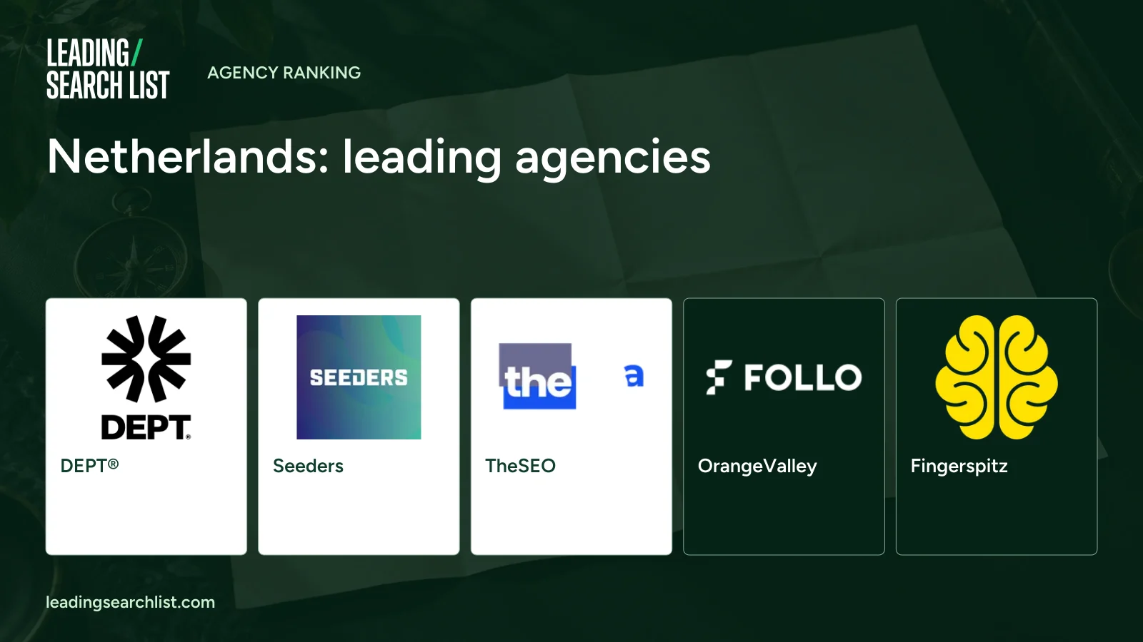 Netherlands: leading agencies. Logos shown: DEPT®, Seeders, TheSEO, OrangeValley, Fingerspitz. Leading Search List.