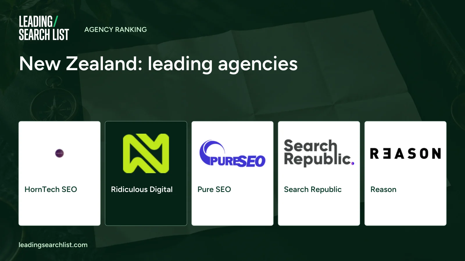 New Zealand: leading agencies. Logos shown: HornTech SEO, Ridiculous Digital, Pure SEO, Search Republic, Reason. Leading Search List.