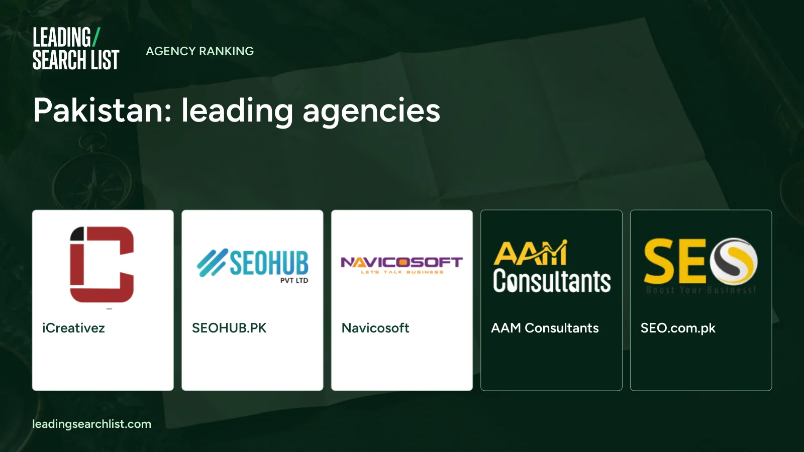 Pakistan: leading agencies. Logos shown: iCreativez, SEOHUB.PK, Navicosoft, AAM Consultants, SEO.com.pk. Leading Search List.