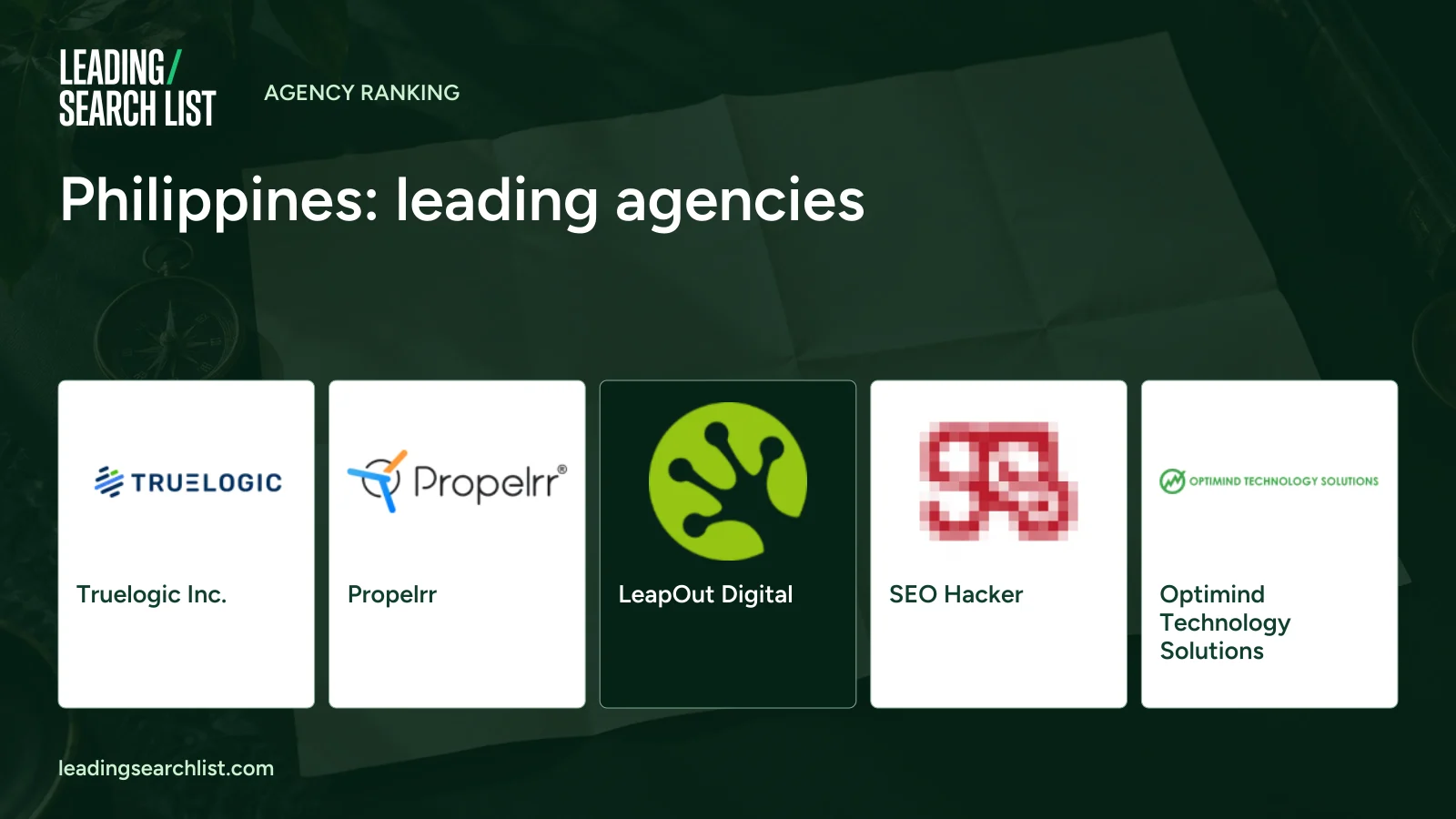 Philippines: leading agencies. Logos shown: Truelogic Inc., Propelrr, LeapOut Digital, SEO Hacker, Optimind Technology Solutions. Leading Search List.