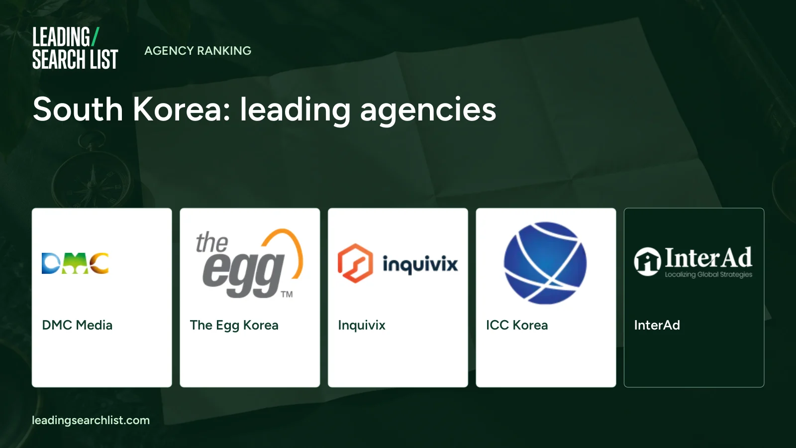South Korea: leading agencies. Logos shown: DMC Media, The Egg Korea, Inquivix, ICC Korea, InterAd. Leading Search List.
