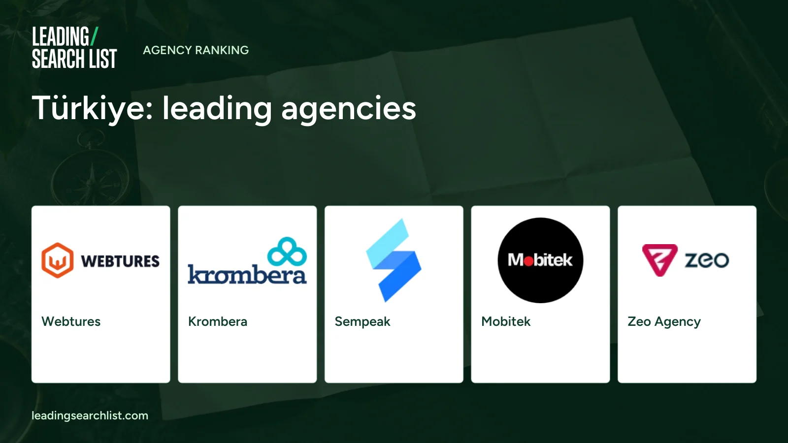 Türkiye: leading agencies. Logos shown: Webtures, Krombera, Sempeak, Mobitek, Zeo Agency. Leading Search List.