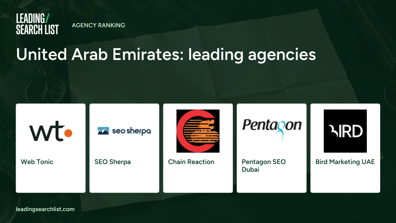 United Arab Emirates: leading agencies. Logos shown: Web Tonic, SEO Sherpa, Chain Reaction, Pentagon SEO Dubai, Bird Marketing UAE. Leading Search List.