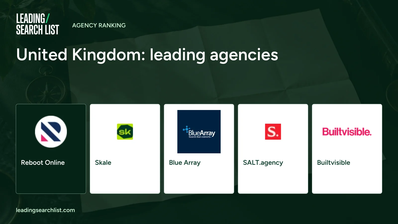 United Kingdom: leading agencies. Logos shown: Reboot Online, Skale, Blue Array, SALT.agency, Builtvisible. Leading Search List.
