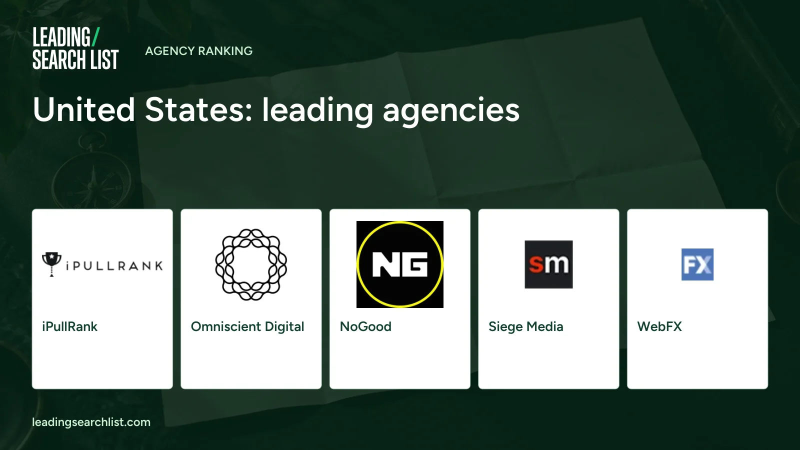 United States: leading agencies. Logos shown: iPullRank, Omniscient Digital, NoGood, Siege Media, WebFX. Leading Search List.