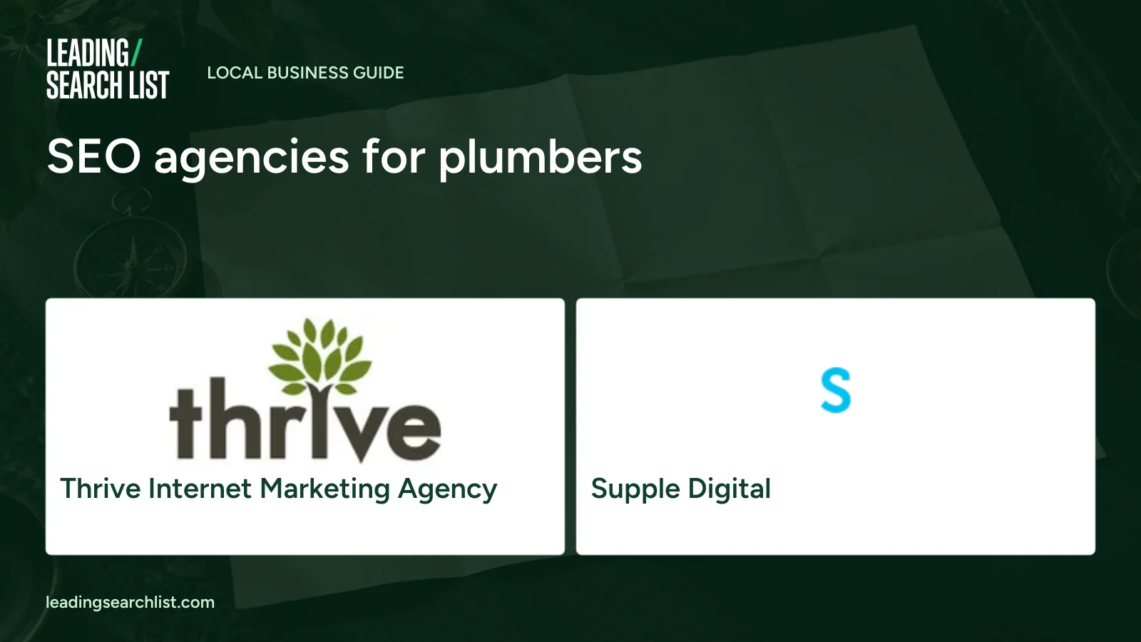 SEO agencies for plumbers. Logos shown: Thrive Internet Marketing Agency, Supple Digital. Leading Search List.