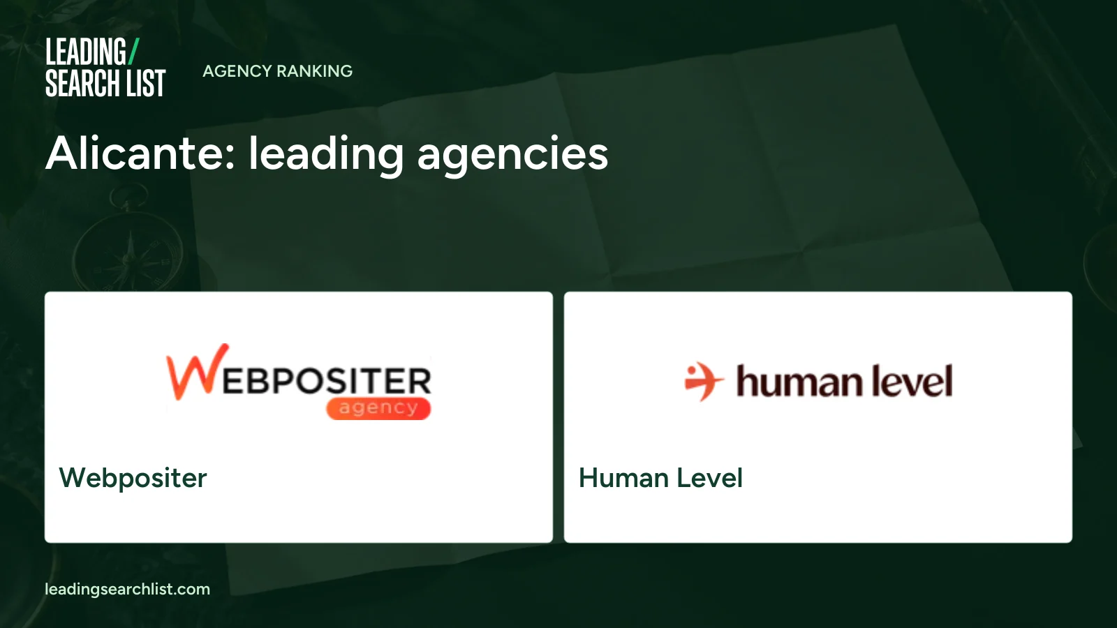 Alicante: leading agencies. Logos shown: Webpositer, Human Level. Leading Search List.