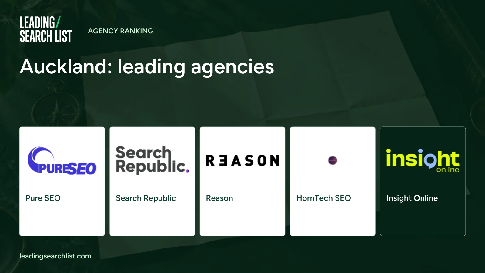 Auckland: leading agencies. Logos shown: Pure SEO, Search Republic, Reason, HornTech SEO, Insight Online. Leading Search List.