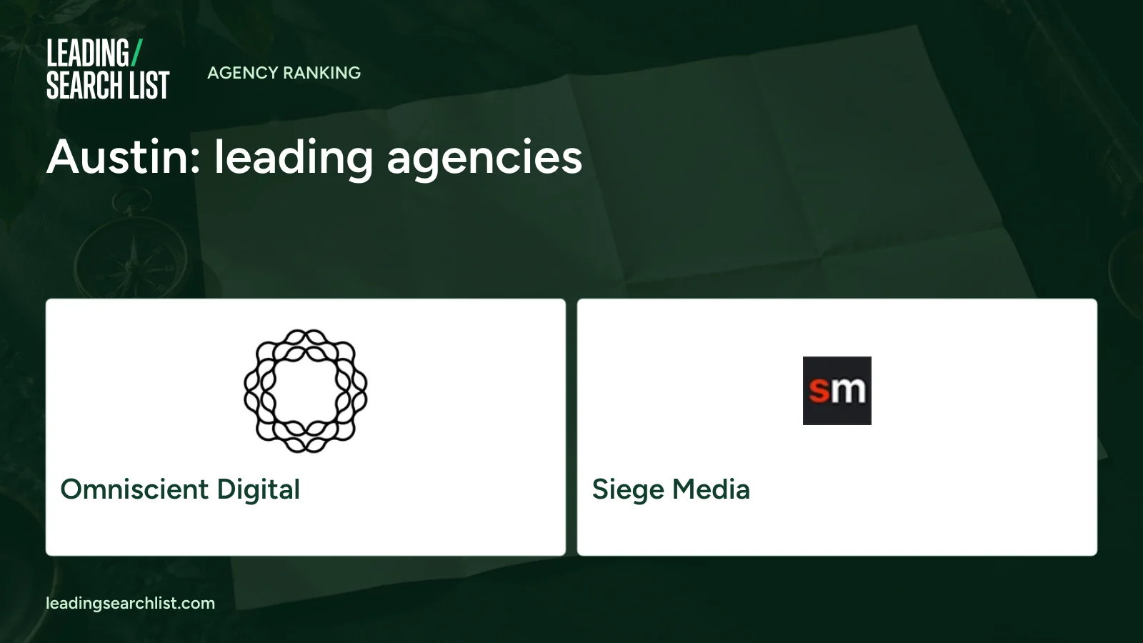 Austin: leading agencies. Logos shown: Omniscient Digital, Siege Media. Leading Search List.