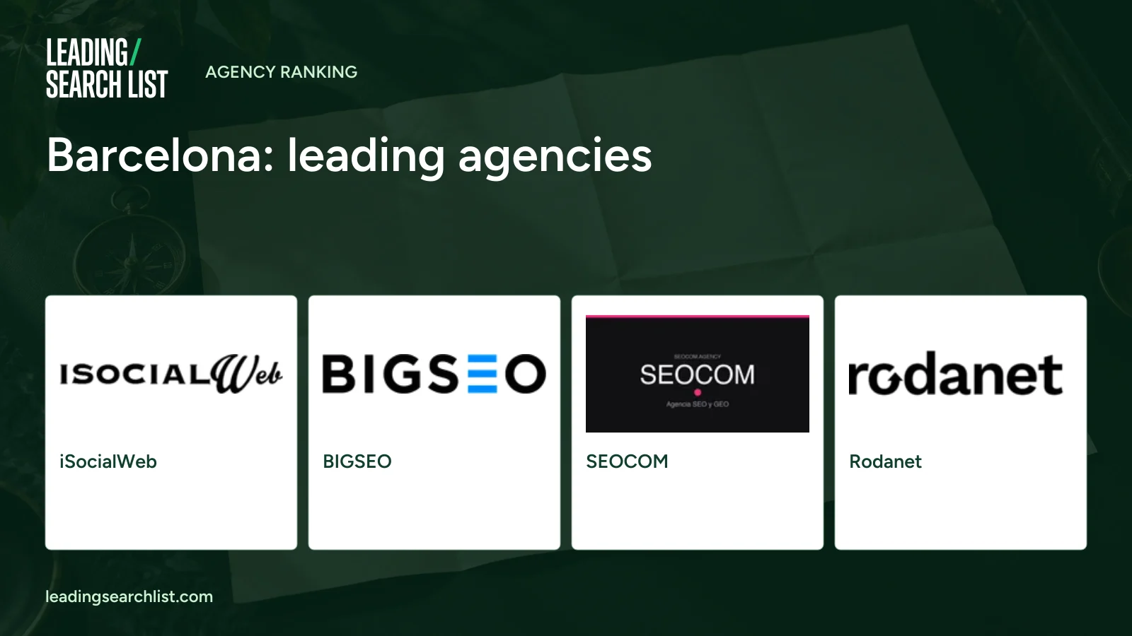 Barcelona: leading agencies. Logos shown: iSocialWeb, BIGSEO, SEOCOM, Rodanet. Leading Search List.