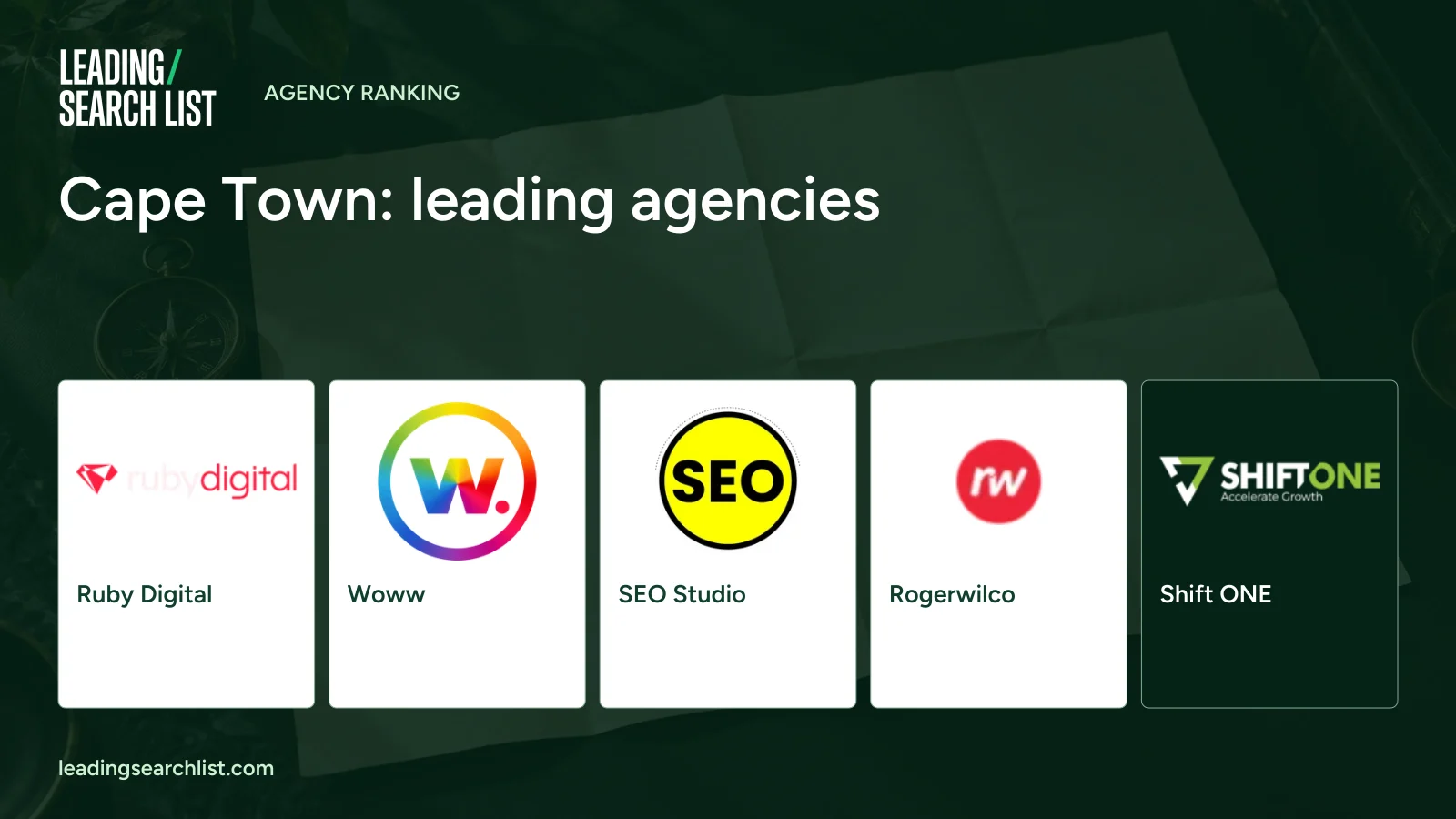 Cape Town: leading agencies. Logos shown: Ruby Digital, Woww, SEO Studio, Rogerwilco, Shift ONE. Leading Search List.