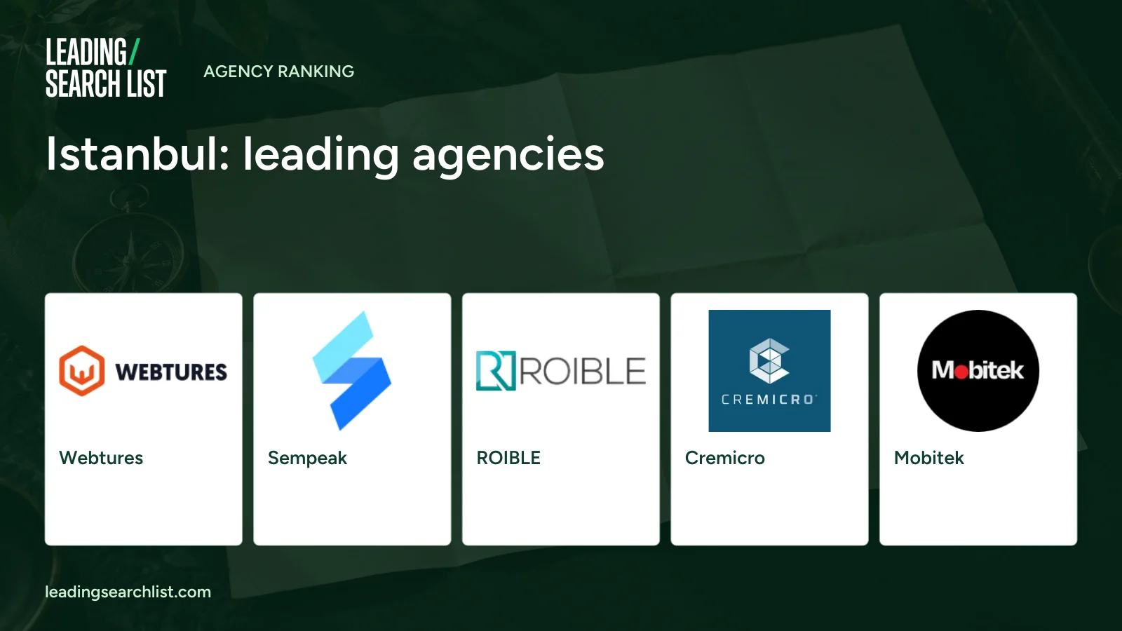 Istanbul: leading agencies. Logos shown: Webtures, Sempeak, ROIBLE, Cremicro, Mobitek. Leading Search List.