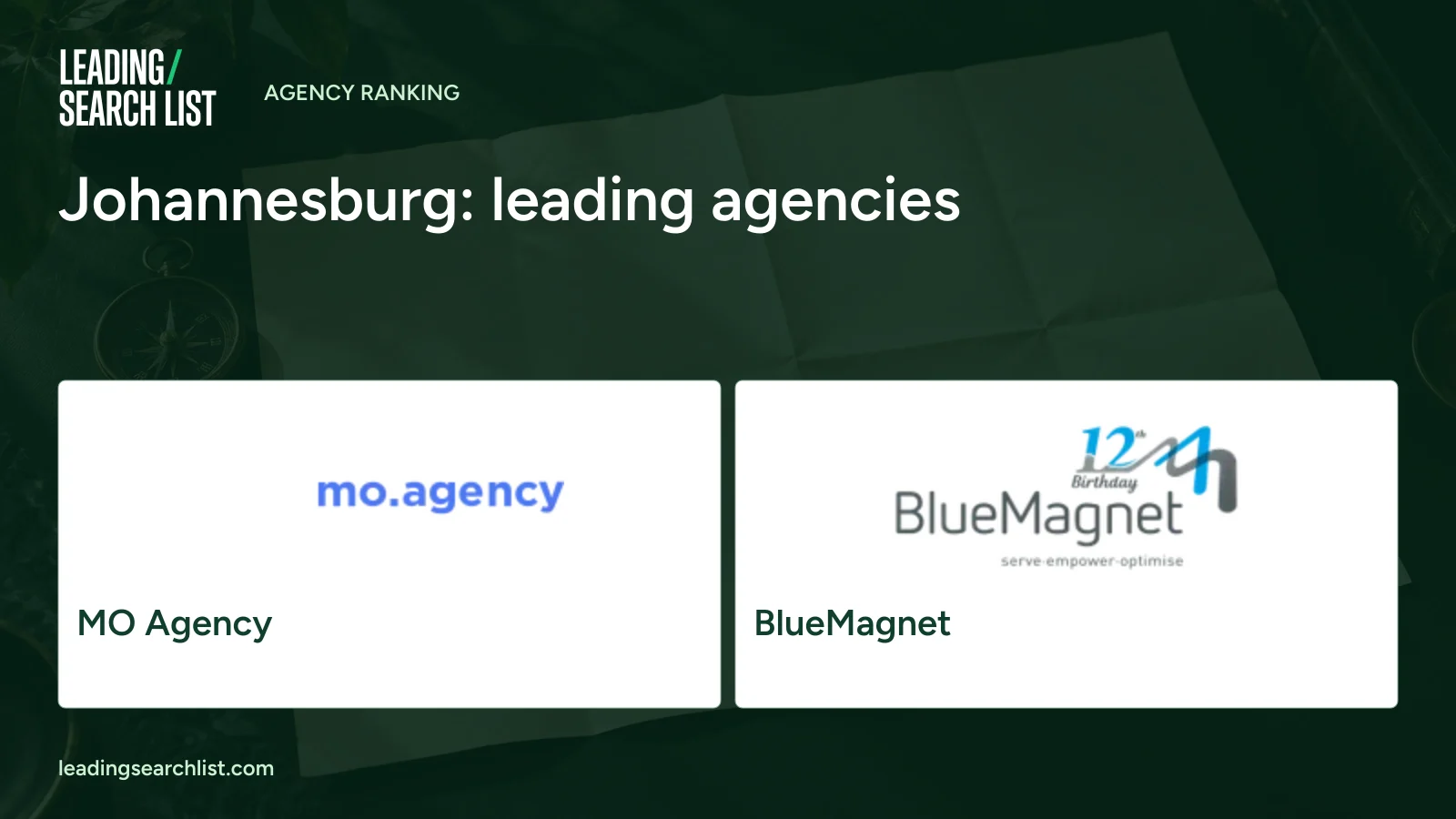 Johannesburg: leading agencies. Logos shown: MO Agency, BlueMagnet. Leading Search List.