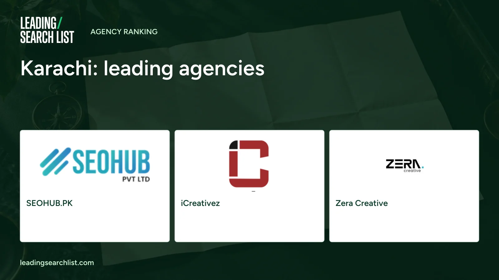 Karachi: leading agencies. Logos shown: SEOHUB.PK, iCreativez, Zera Creative. Leading Search List.
