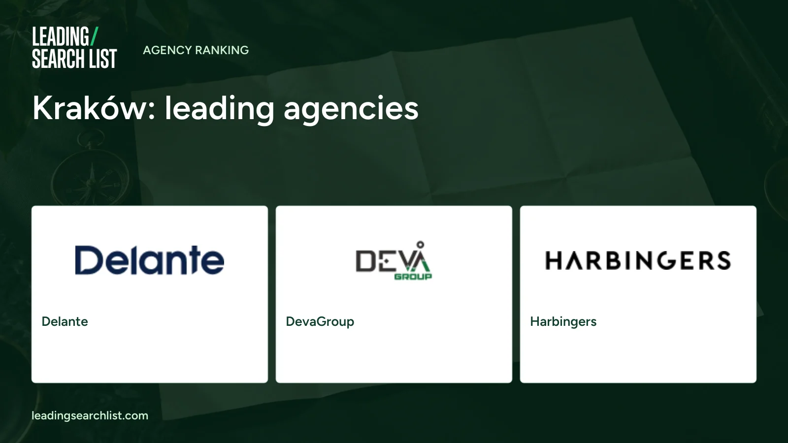 Kraków: leading agencies. Logos shown: Delante, DevaGroup, Harbingers. Leading Search List.
