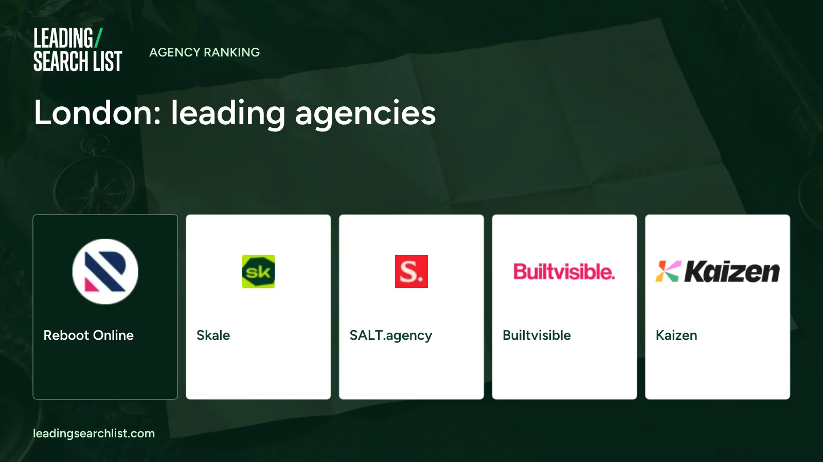 London: leading agencies. Logos shown: Reboot Online, Skale, SALT.agency, Builtvisible, Kaizen. Leading Search List.