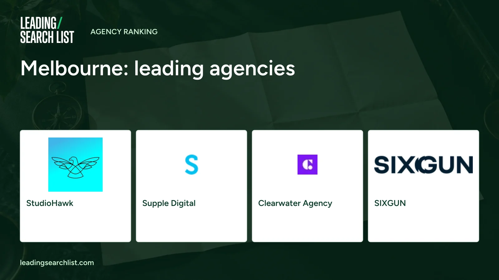 Melbourne: leading agencies. Logos shown: StudioHawk, Supple Digital, Clearwater Agency, SIXGUN. Leading Search List.