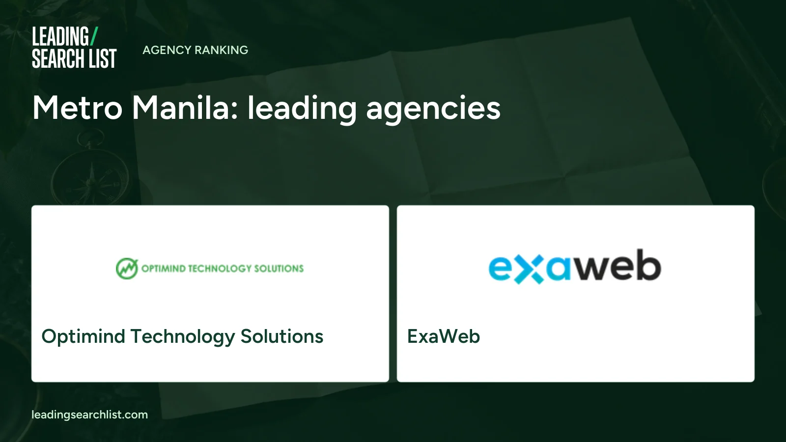 Metro Manila: leading agencies. Logos shown: Optimind Technology Solutions, ExaWeb. Leading Search List.