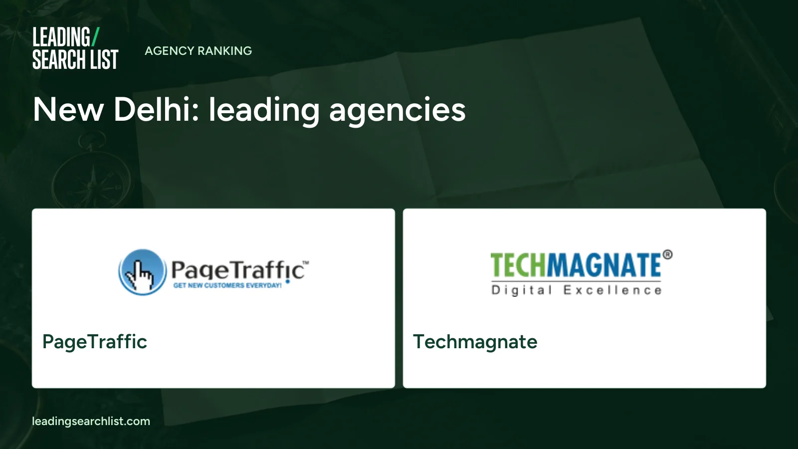 New Delhi: leading agencies. Logos shown: PageTraffic, Techmagnate. Leading Search List.