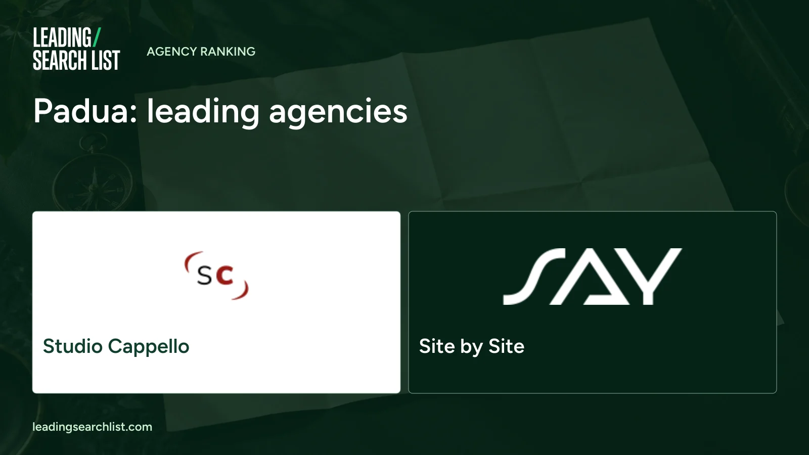 Padua: leading agencies. Logos shown: Studio Cappello, Site by Site. Leading Search List.