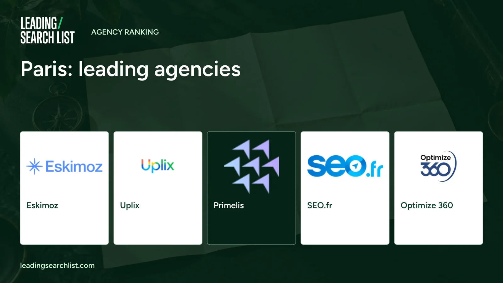 Paris: leading agencies. Logos shown: Eskimoz, Uplix, Primelis, SEO.fr, Optimize 360. Leading Search List.