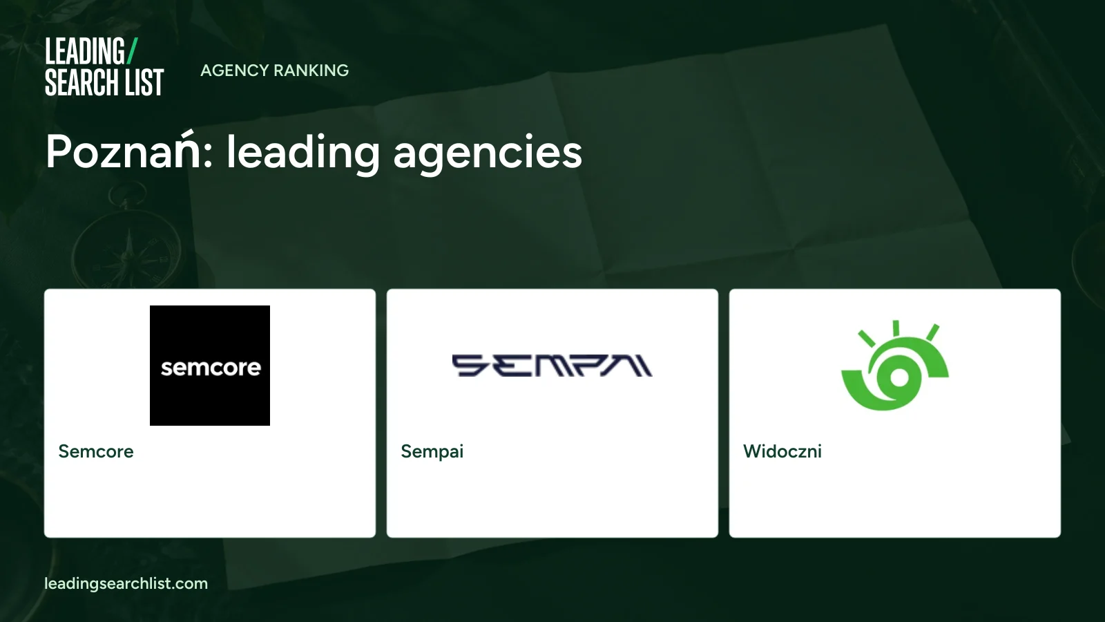 Poznań: leading agencies. Logos shown: Semcore, Sempai, Widoczni. Leading Search List.